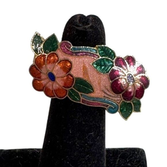 Vintage Cloissone Signed Scarf Clip Floral Gold Tone Art Deco Style Pink Green - Picture 1 of 8
